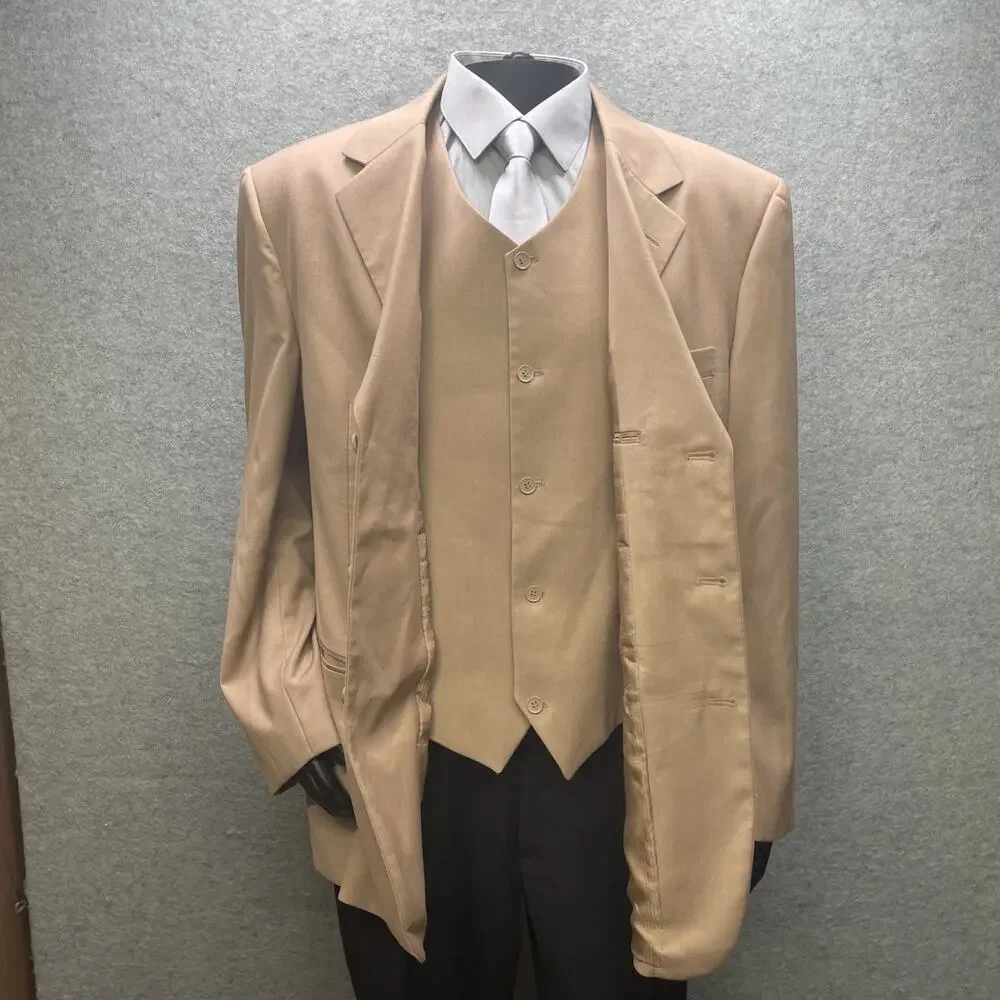 Vittorio St Angelo Mens 3 Pc Suit Sand 3-But Blazer/Vest 48R Pants 42R Classic